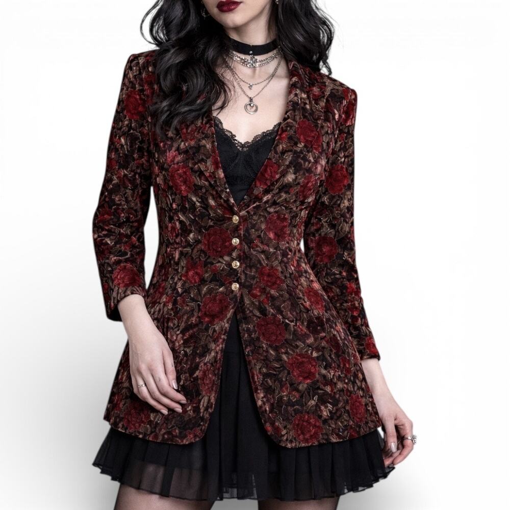 Vintage 90s Velvet Tapestry Dark Floral Blazer Red Rose Romantic Goth Jacket XS
